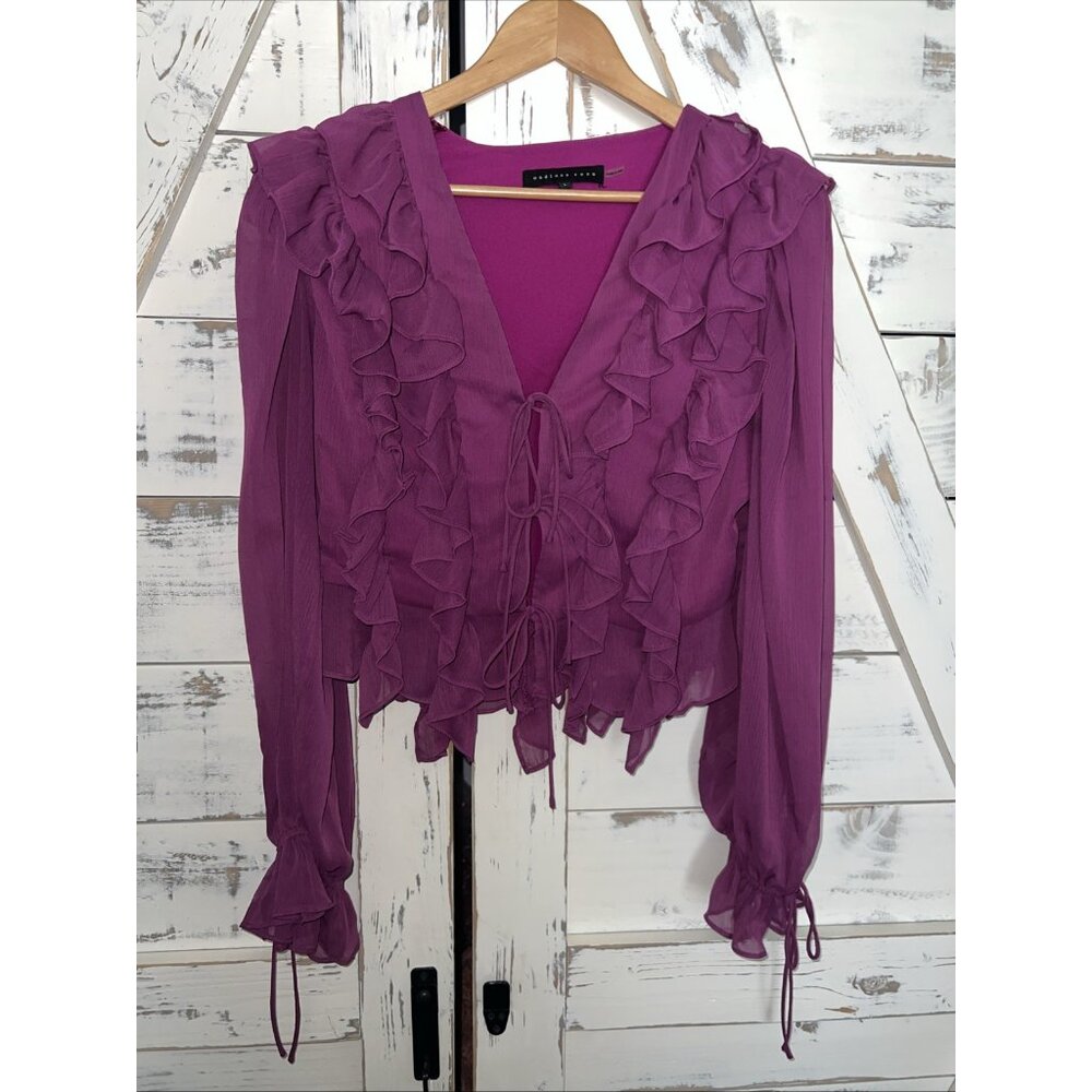 Endless Rose Shirt Fuschia Pink Tie Front V Neck Ruffle Bell Slv Sheer Sz L NWOT